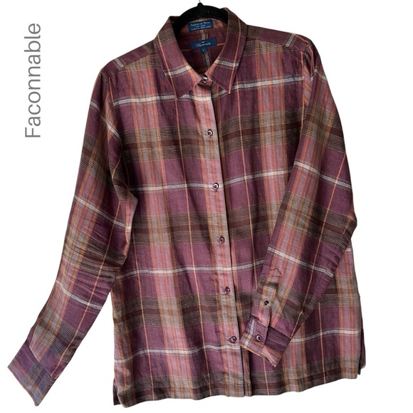 FACONNABLE | PURE LINEN TUNIC SHIRT PLAID LONG SLEEVE BUTTON FRONT PLUM | LARGE - Picture 1 of 9